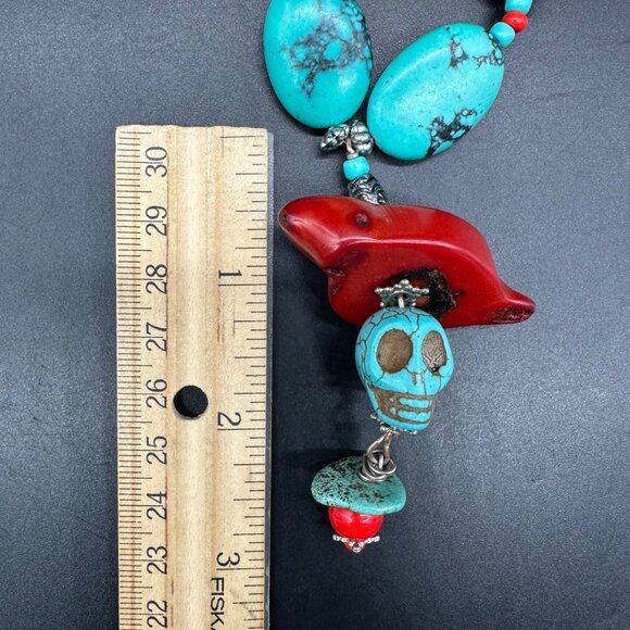 Vintage Native American Turquoise Coral Necklace Fetish Birds Skulls Chunky Bead - Picture 9 of 10